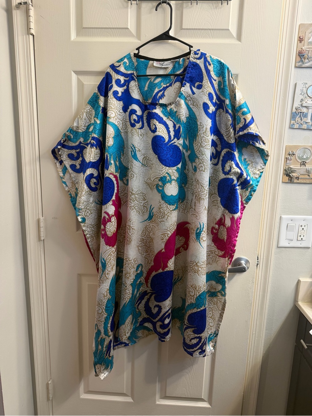 Satin Floral Metallic Tunic Top in Cream with Blue, Teal & Fuchsia Accents